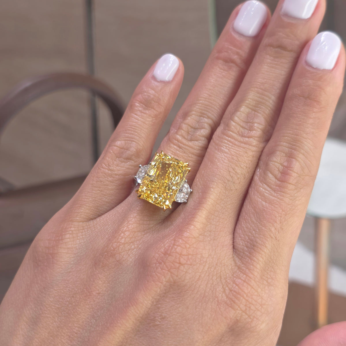 11 Carat Radiant Fancy Yellow Lab-Grown Trilogy Ring with Half Moon Side Diamonds – Soluna
