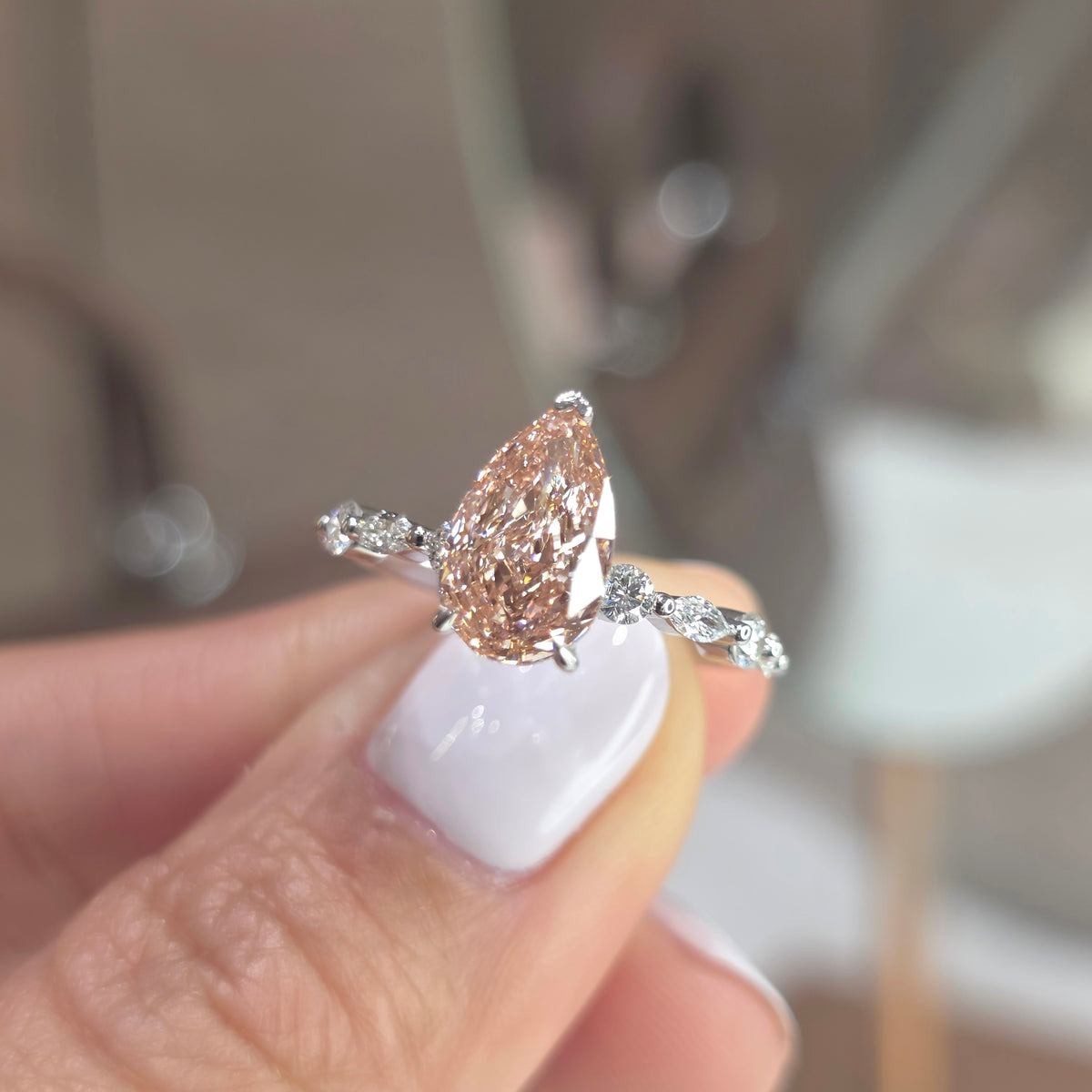 2 Carat Fancy Pink Pear Lab-Grown Diamond Solitaire Ring with Round & Marquise Side Diamonds – 18K Gold