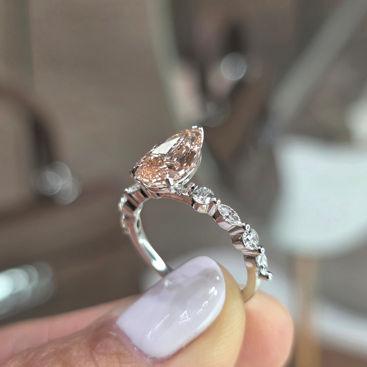 2 Carat Fancy Pink Pear Lab-Grown Diamond Solitaire Ring with Round & Marquise Side Diamonds – 18K Gold