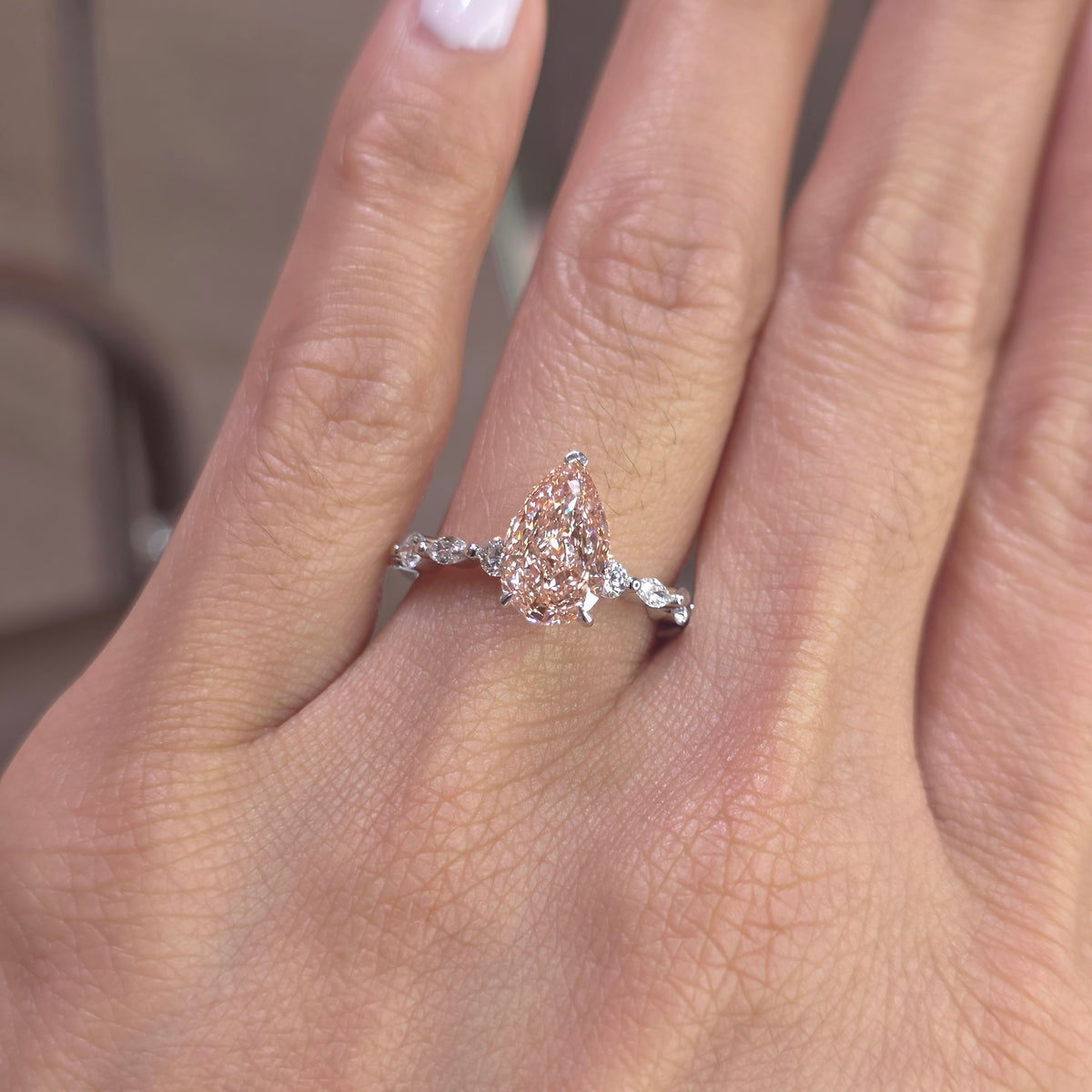 2 Carat Fancy Pink Pear Lab-Grown Diamond Solitaire Ring with Round & Marquise Side Diamonds – 18K Gold