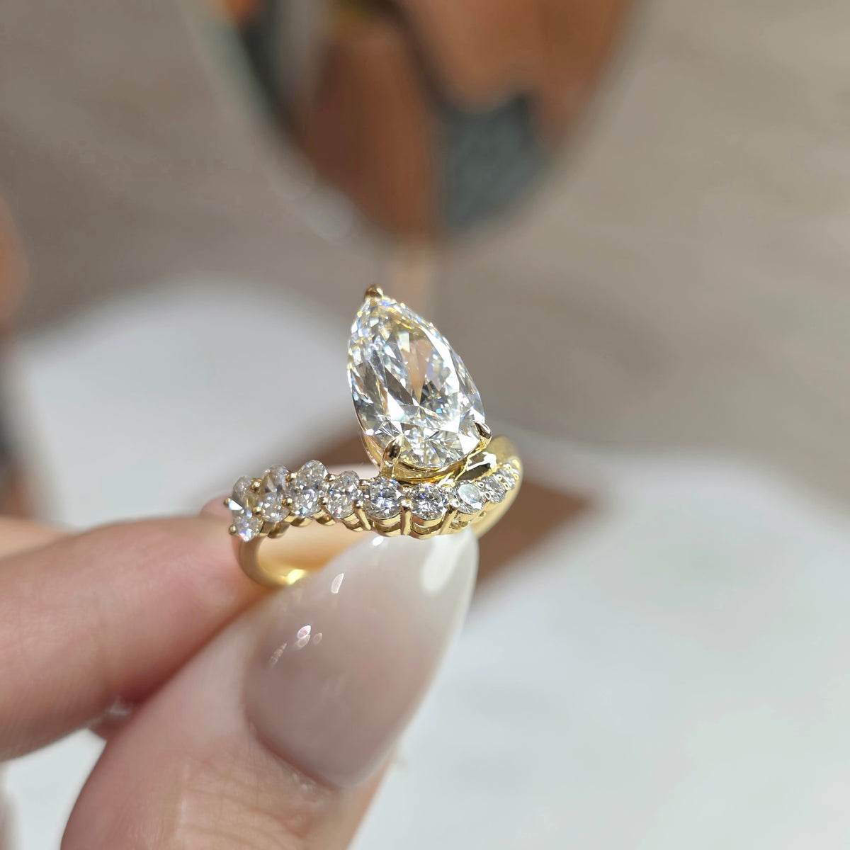 3 Carat Pear Lab-Grown Diamond Ring with Round & Oval Diamonds in 18k Gold - Vipera