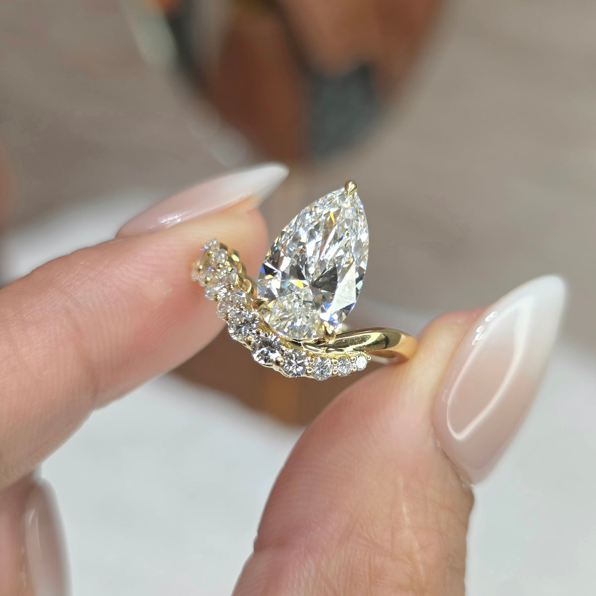 3 Carat Pear Lab-Grown Diamond Ring with Round & Oval Diamonds in 18k Gold - Vipera