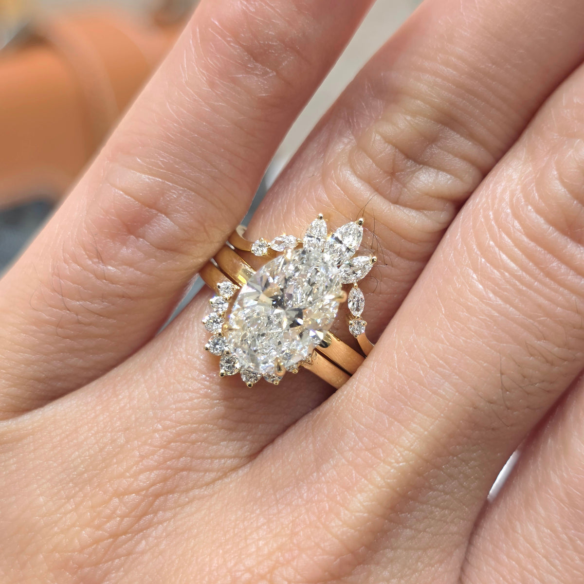 3 Carat Oval Lab-Grown Diamond Solitaire Ring with Double-Band Stack in 18K Gold - Sonnet Stack