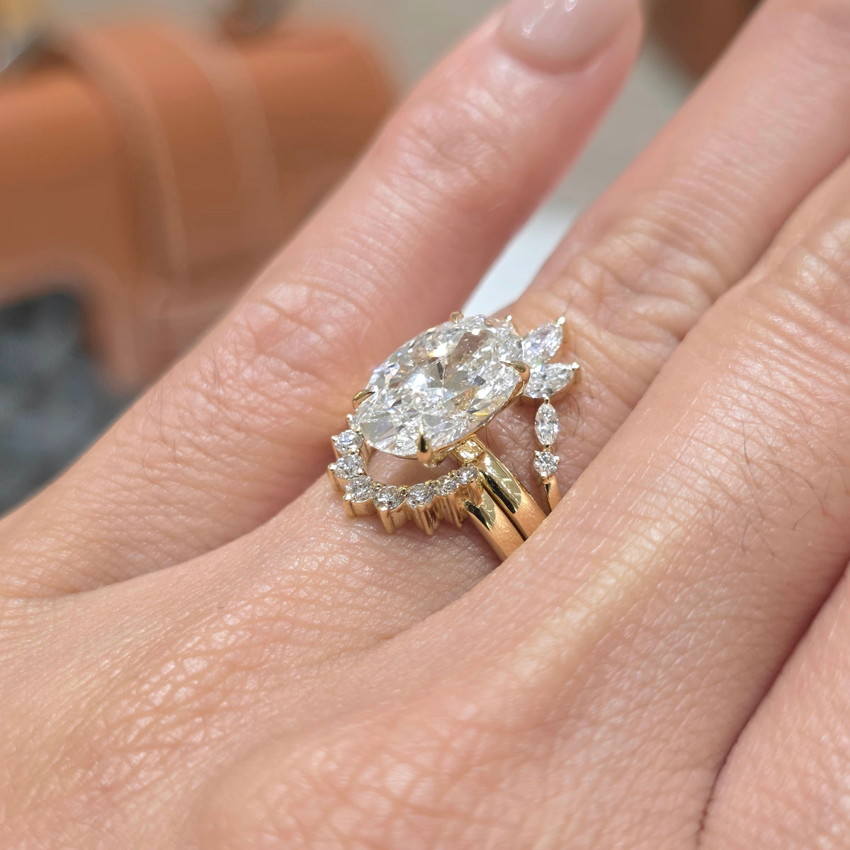 3 Carat Oval Lab-Grown Diamond Solitaire Ring with Double-Band Stack in 18K Gold - Sonnet Stack