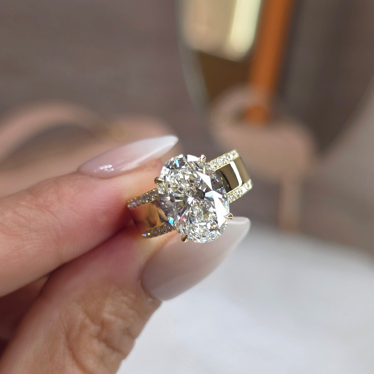 4 Carat Oval Lab-Grown Diamond Solitaire Ring Wide Band – 18K Gold - Roselle