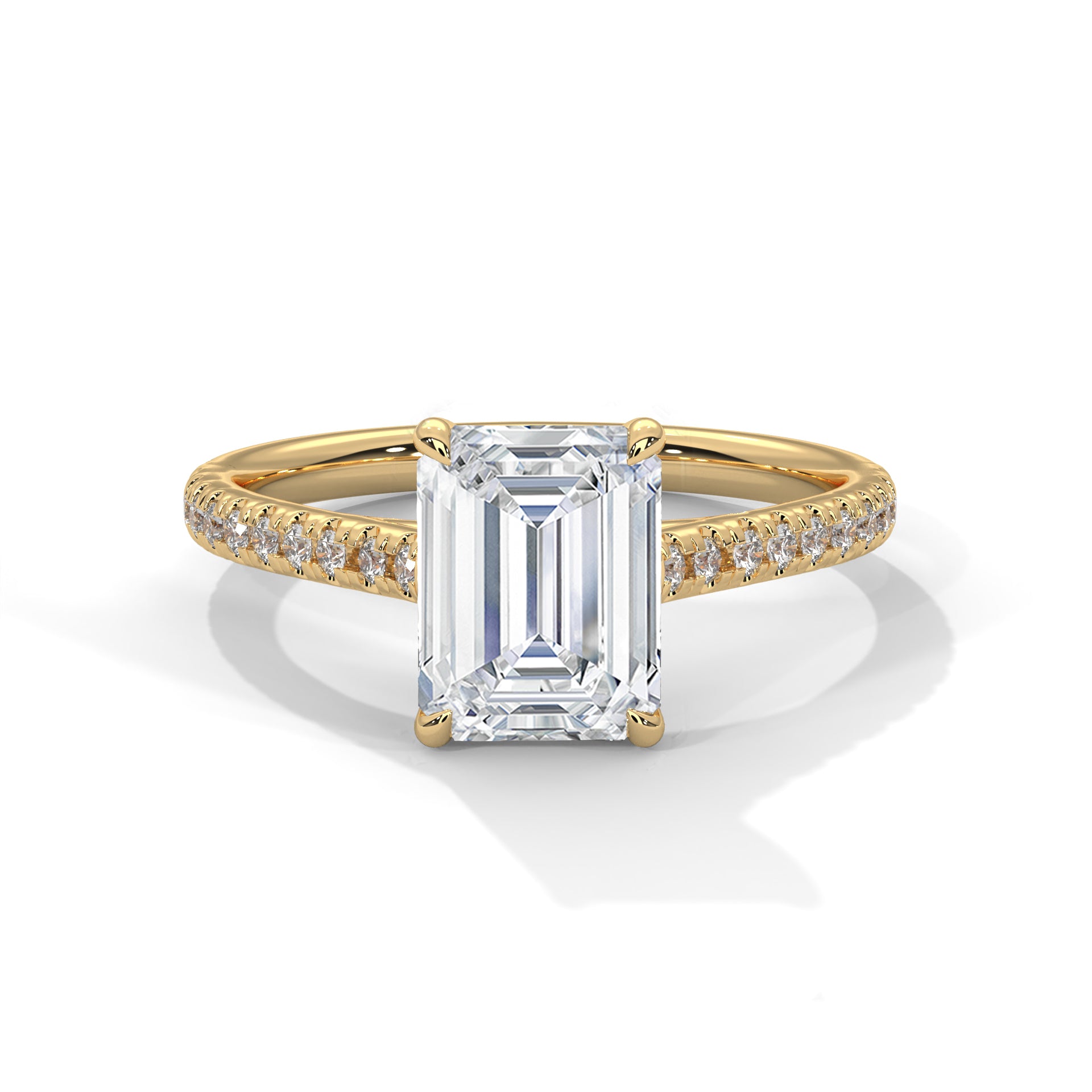 1–3 Carat Emerald  Lab Grown Diamond Solitaire Ring with Pavé Band – Four Prong Setting in 18K Gold