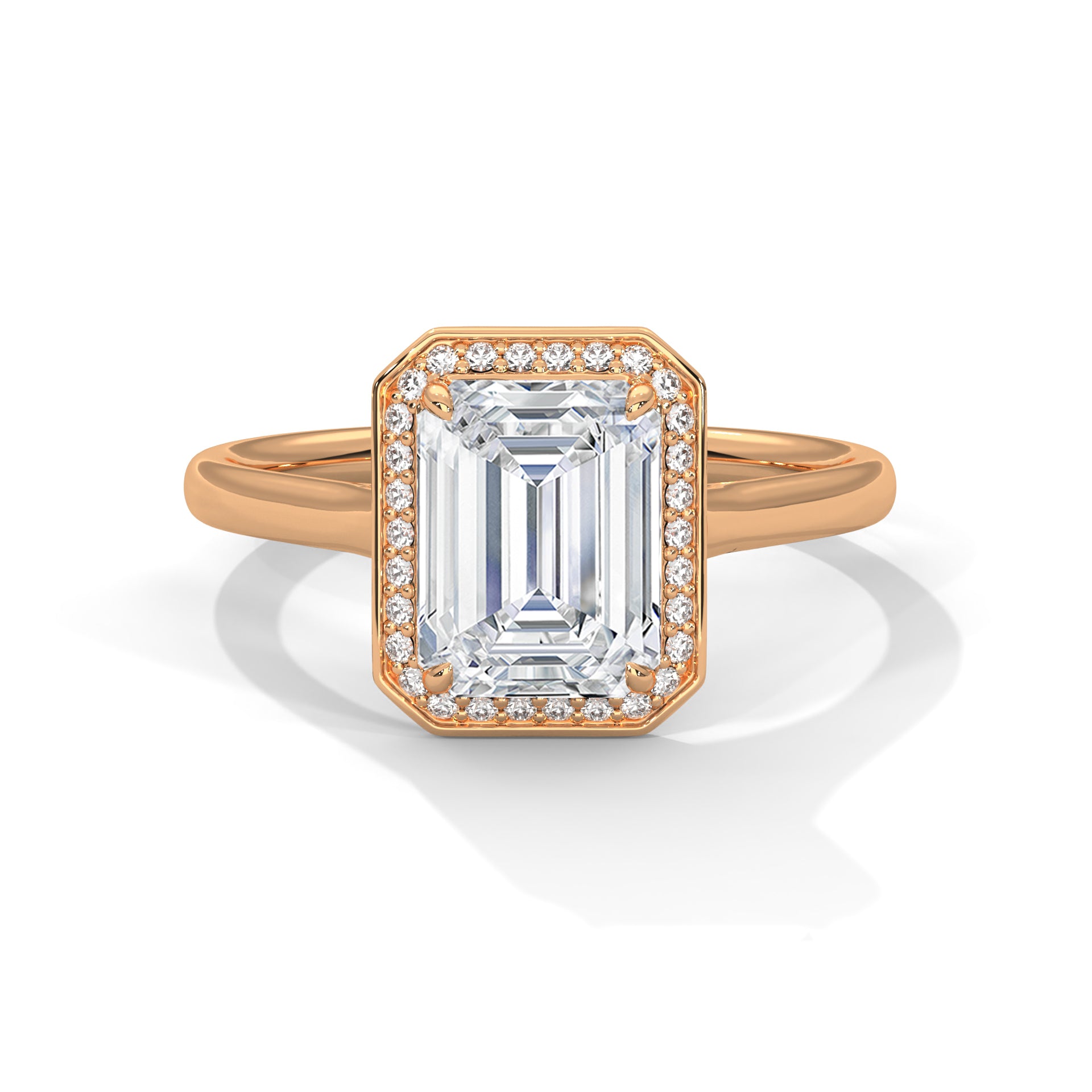 1–3 Carat Emerald Cut Lab Grown Diamond Solitaire Halo Ring – 18K White, Yellow, or Rose Gold