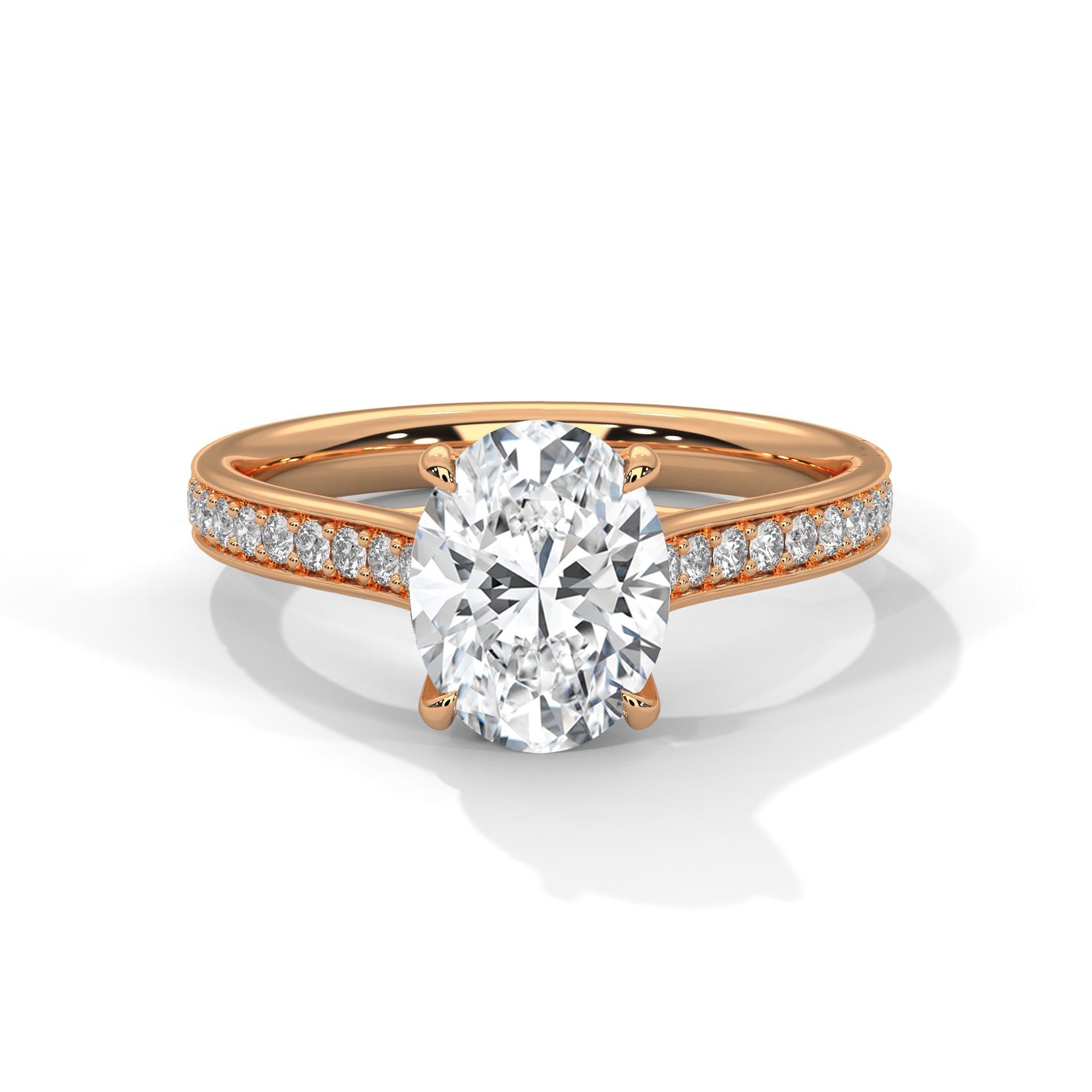 1–3 Carat Oval Lab Grown Diamond Solitaire Ring with Pavé Band – Four-Prong Setting, 18K Gold