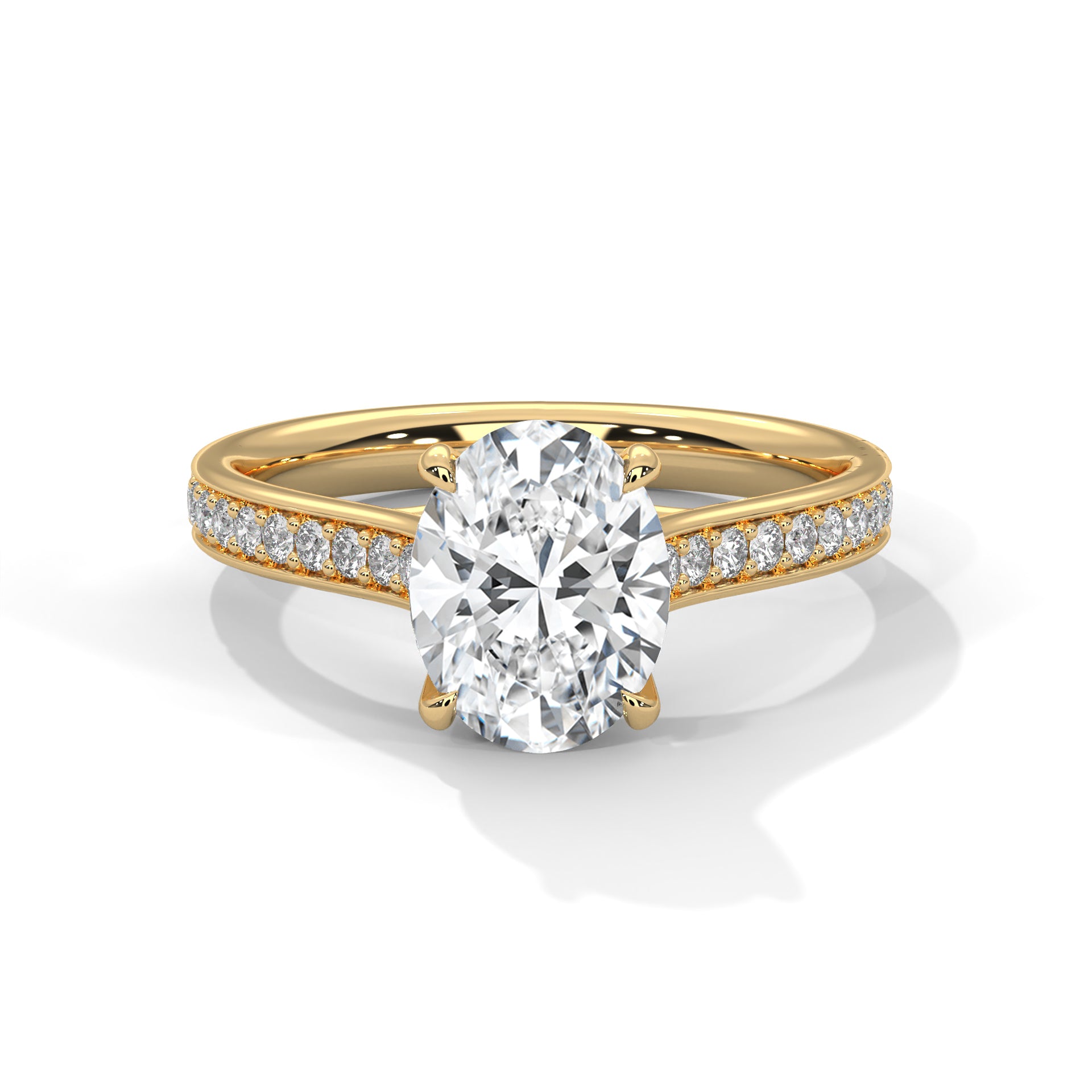 1–3 Carat Oval Lab Grown Diamond Solitaire Ring with Pavé Band – Four-Prong Setting, 18K Gold