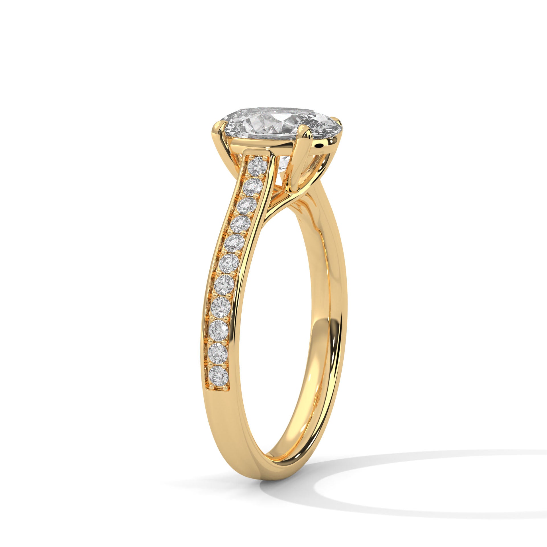 1–3 Carat Oval Lab Grown Diamond Solitaire Ring with Pavé Band – Four-Prong Setting, 18K Gold