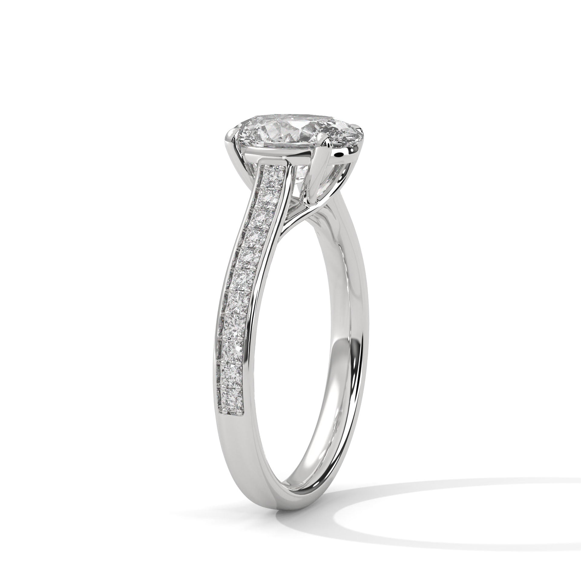 1–3 Carat Oval Lab Grown Diamond Solitaire Ring with Pavé Band – Four-Prong Setting, 18K Gold