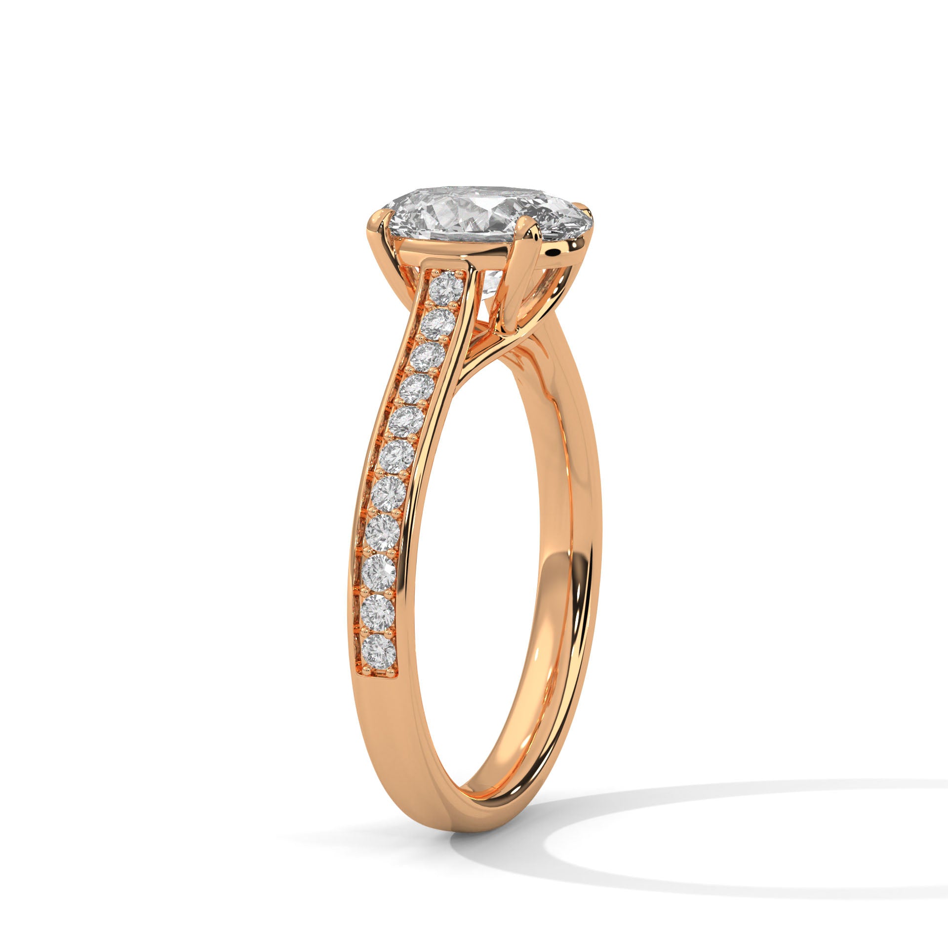 1–3 Carat Oval Lab Grown Diamond Solitaire Ring with Pavé Band – Four-Prong Setting, 18K Gold