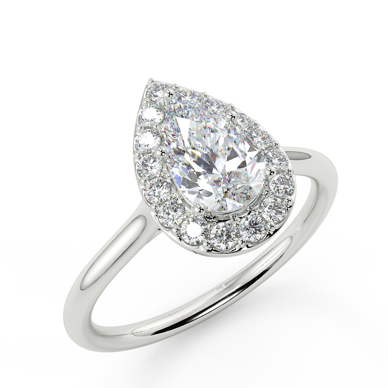 1–2 Carat Pear Cut Lab Grown Solitaire Diamond Halo Ring | Brilliant Teardrop Shape | IGI Certified | 18K White Gold