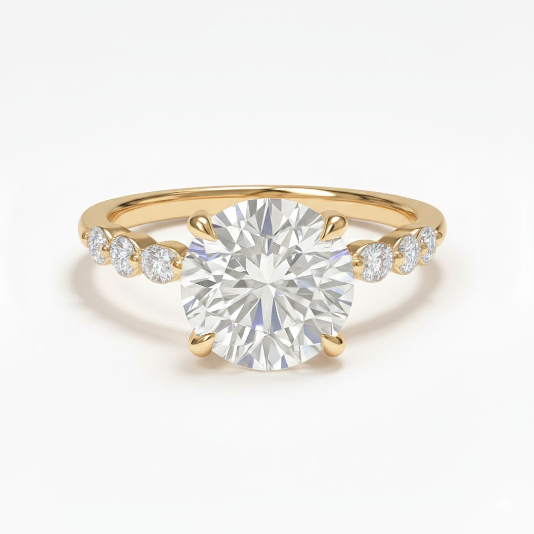 2-5 Carat Round Lab Grown Diamond Solitaire Ring | Marquise & Round Side Stones | IGI Certified | 18K White, Yellow & Rose Gold