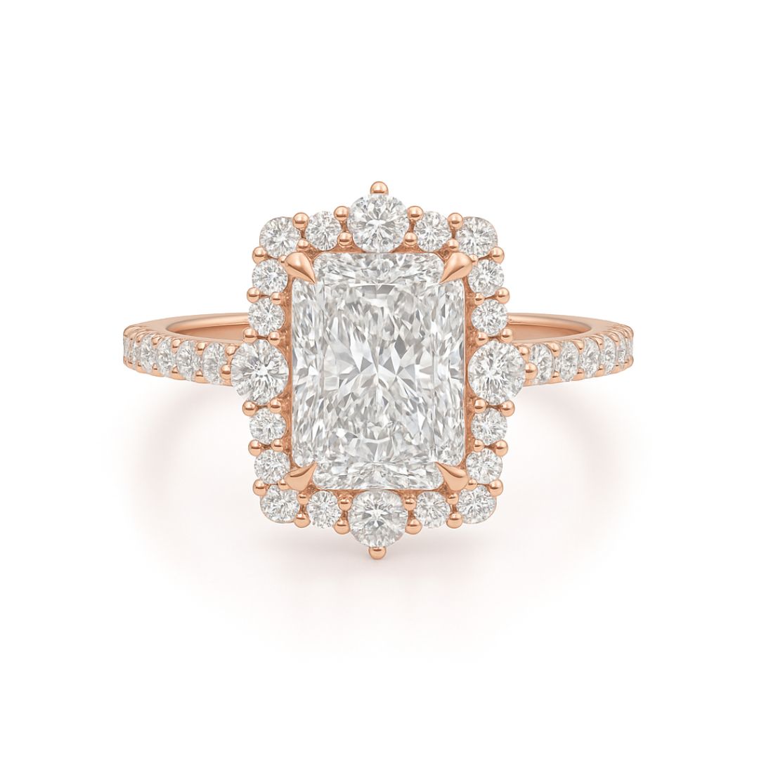 2 Carat Radiant Cut Lab Grown Diamond Engagement Ring with Halo & Side Diamonds | 18K Gold