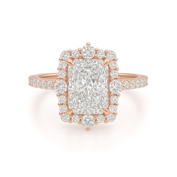 2 Carat Radiant Cut Lab Grown Diamond Engagement Ring with Halo & Side Diamonds | 18K Gold