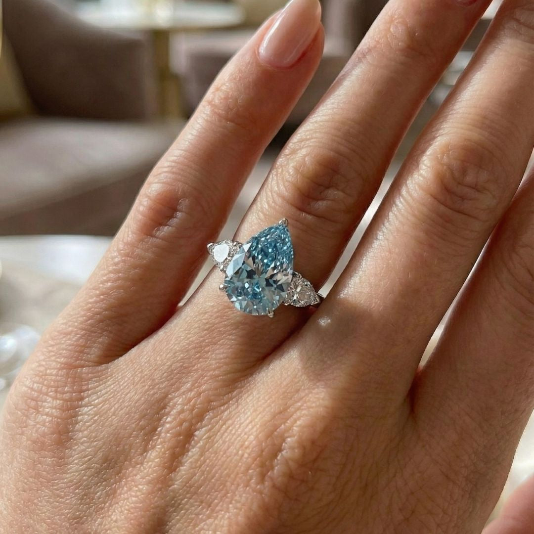 7CT Fancy Vivid Blue Lab Grown Diamond Ring with 0.50CT Each Pear Side Diamonds | Luxury Engagement Ring