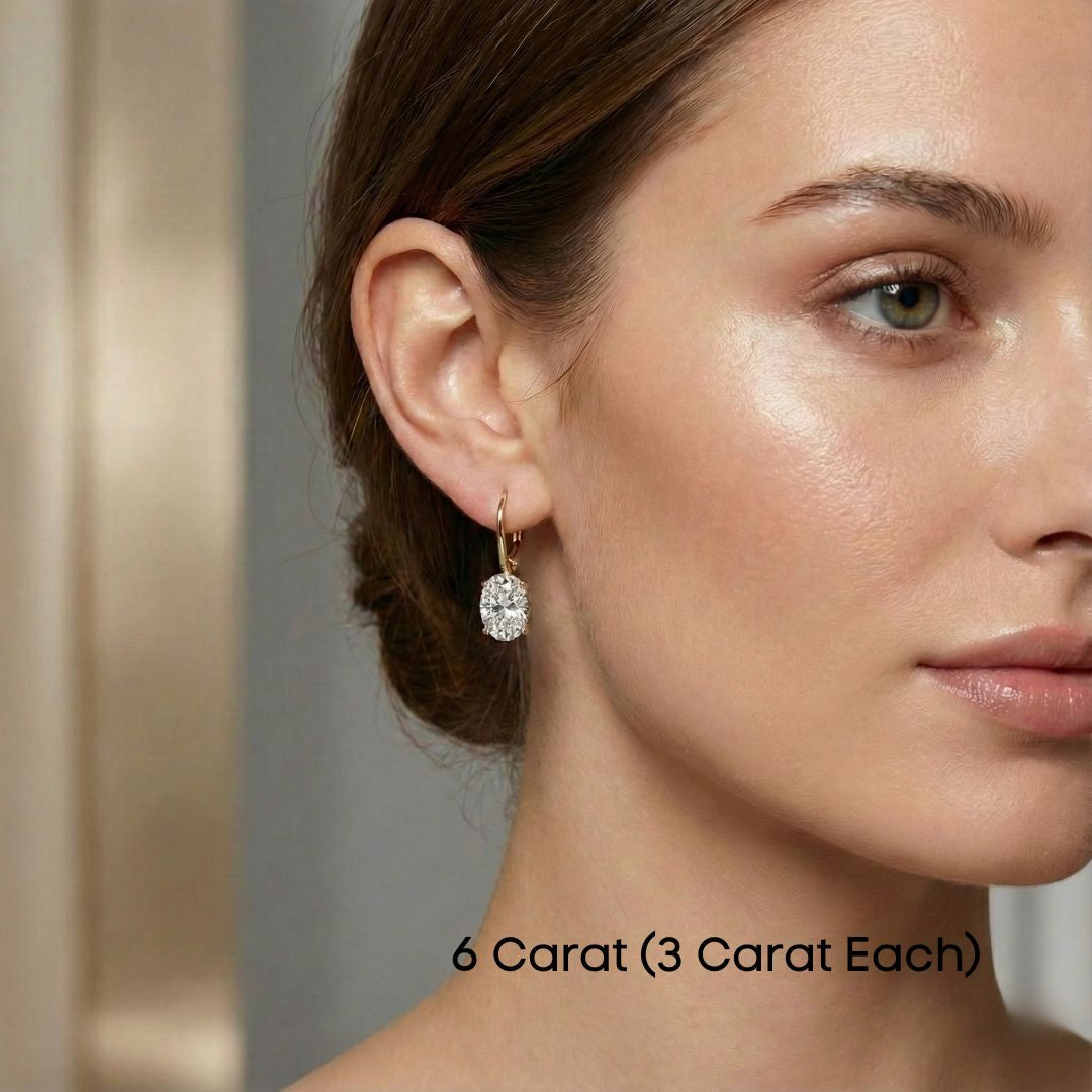 2–3 Carat Each Oval Lab Grown Diamond Drop Earrings | Lever Back Setting | 18K White, Yellow & Rose Gold