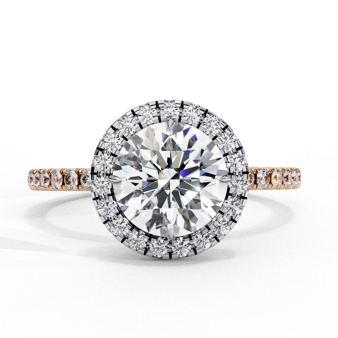 1–2 Carat Round Lab Grown Solitaire Diamond Halo Ring in 18K Gold | Pavé Band Engagement Ring