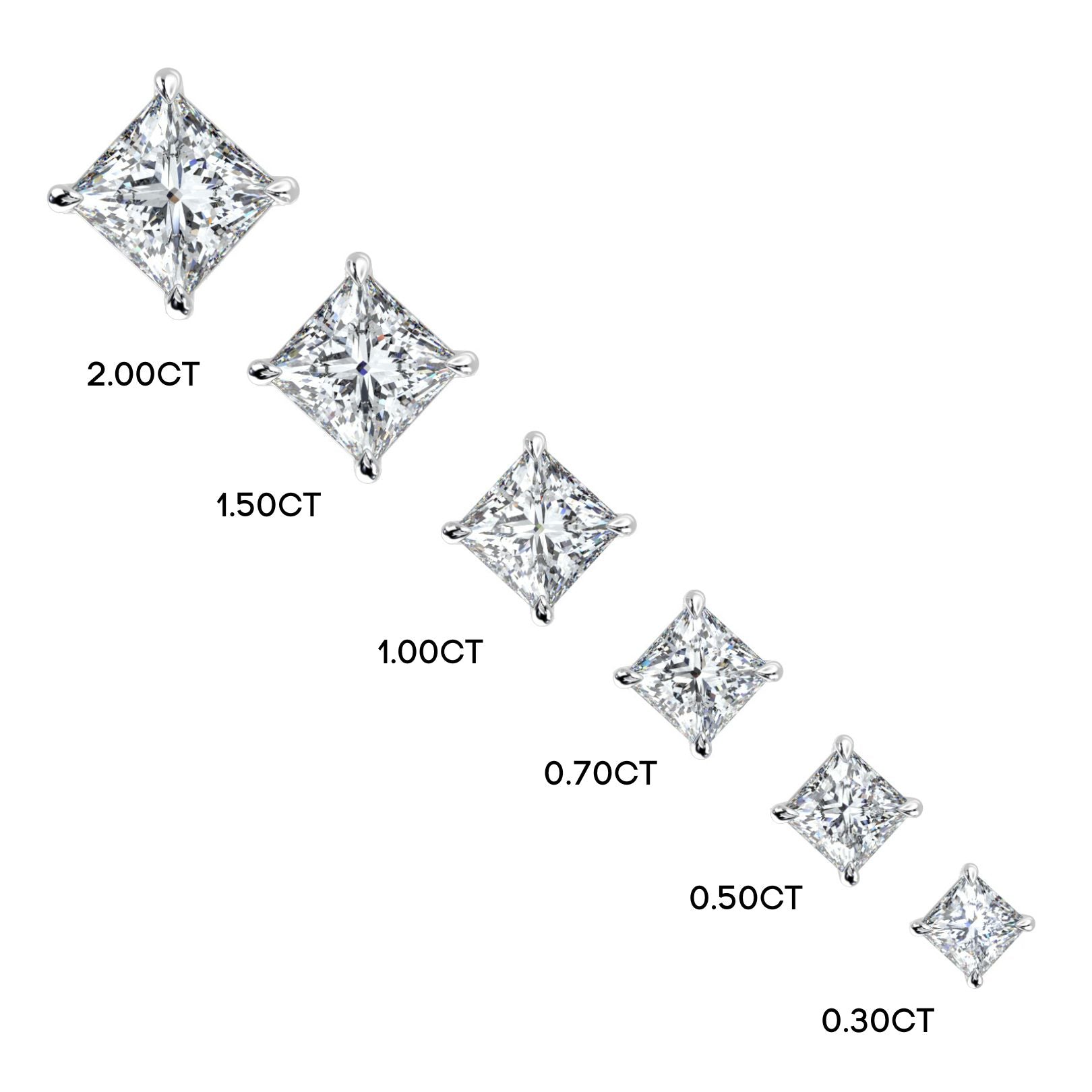 0.5–4 Carat Princess Cut Lab Grown Diamond Stud Earrings | Square Brilliant Solitaire | 18K White, Yellow & Rose Gold