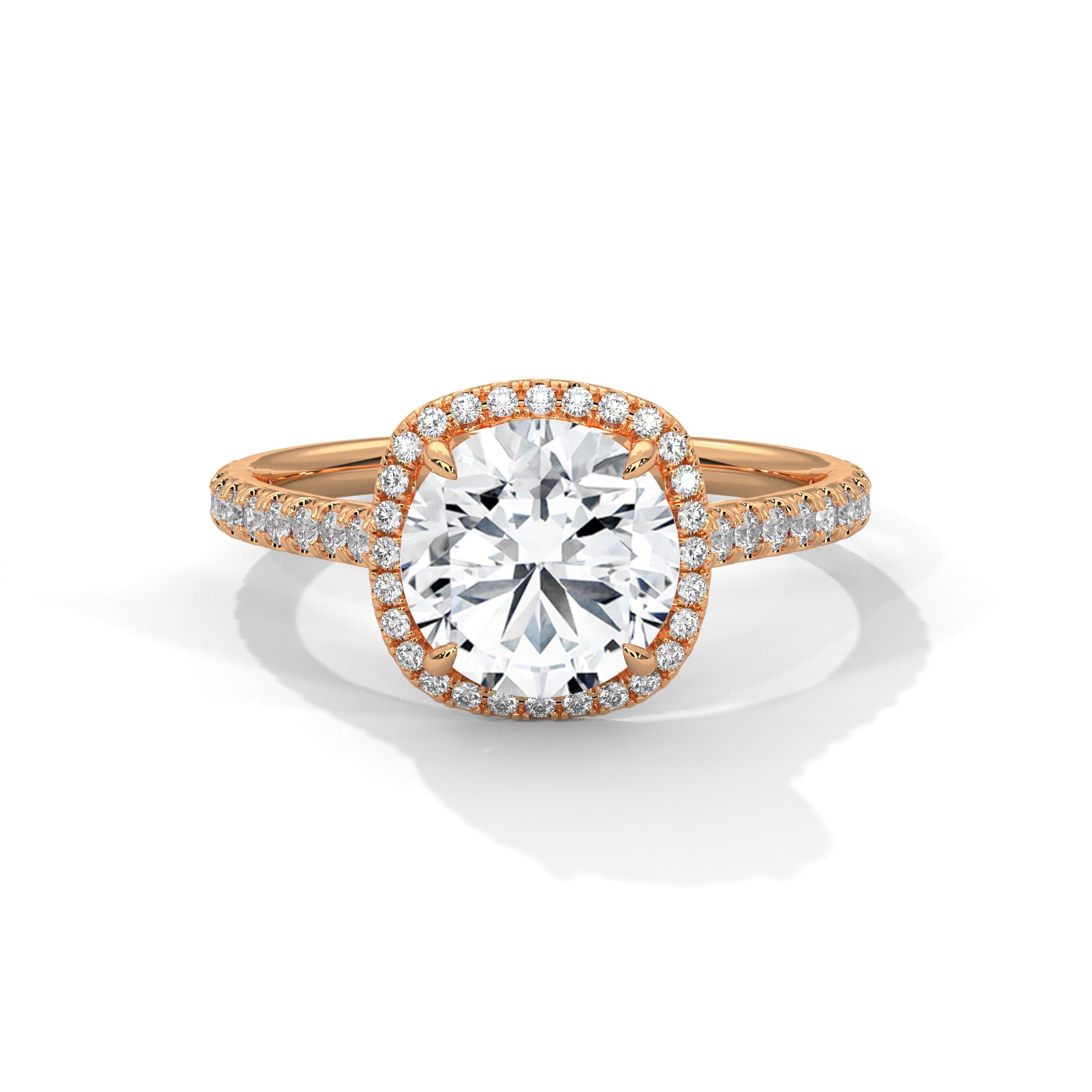 1–3 Carat Round Lab Grown Diamond Solitaire Halo Ring with Pavé Band – 18K White, Yellow or Rose Gold