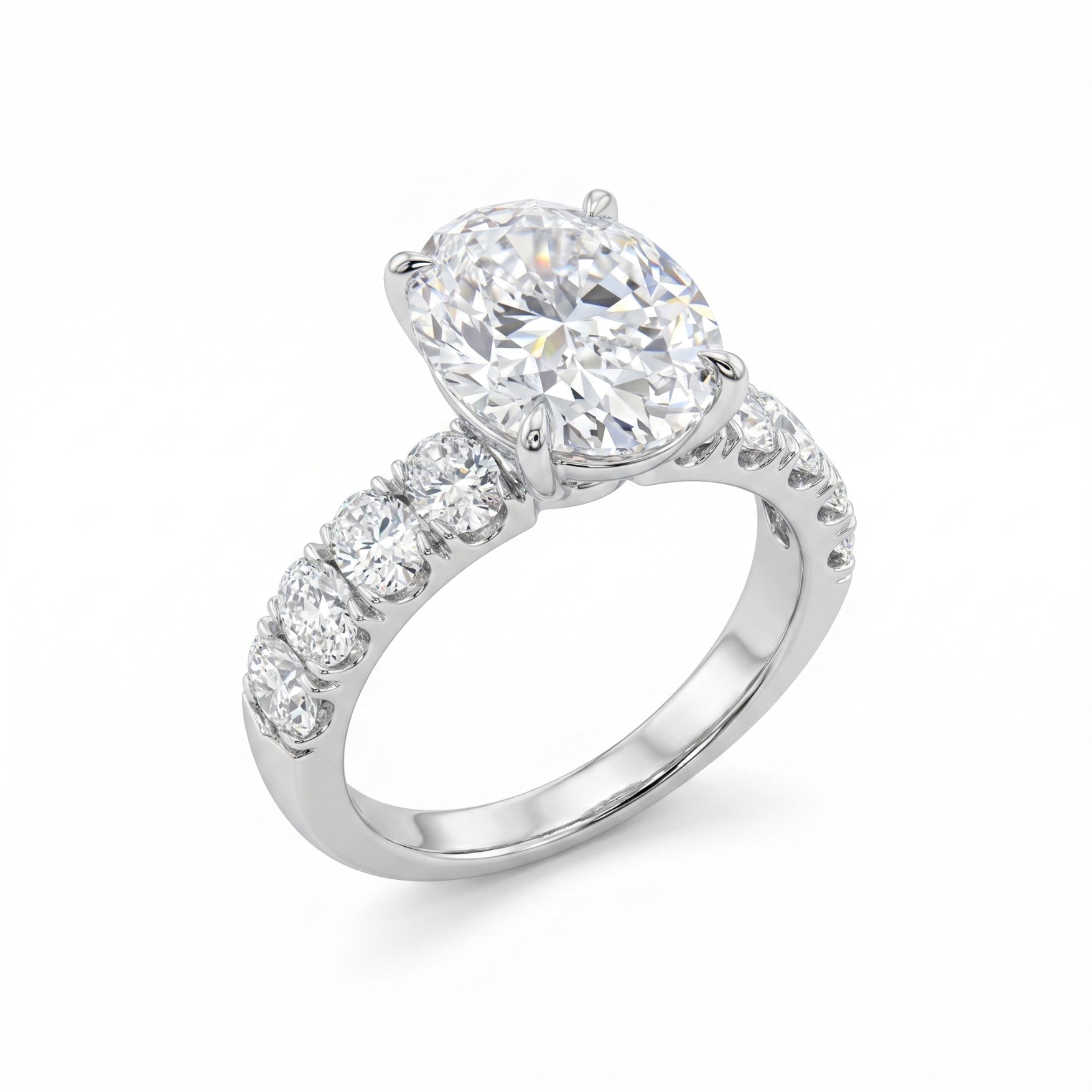 5 Carat Oval Lab Grown Diamond Ring with Oval Side Stones in 18K Gold