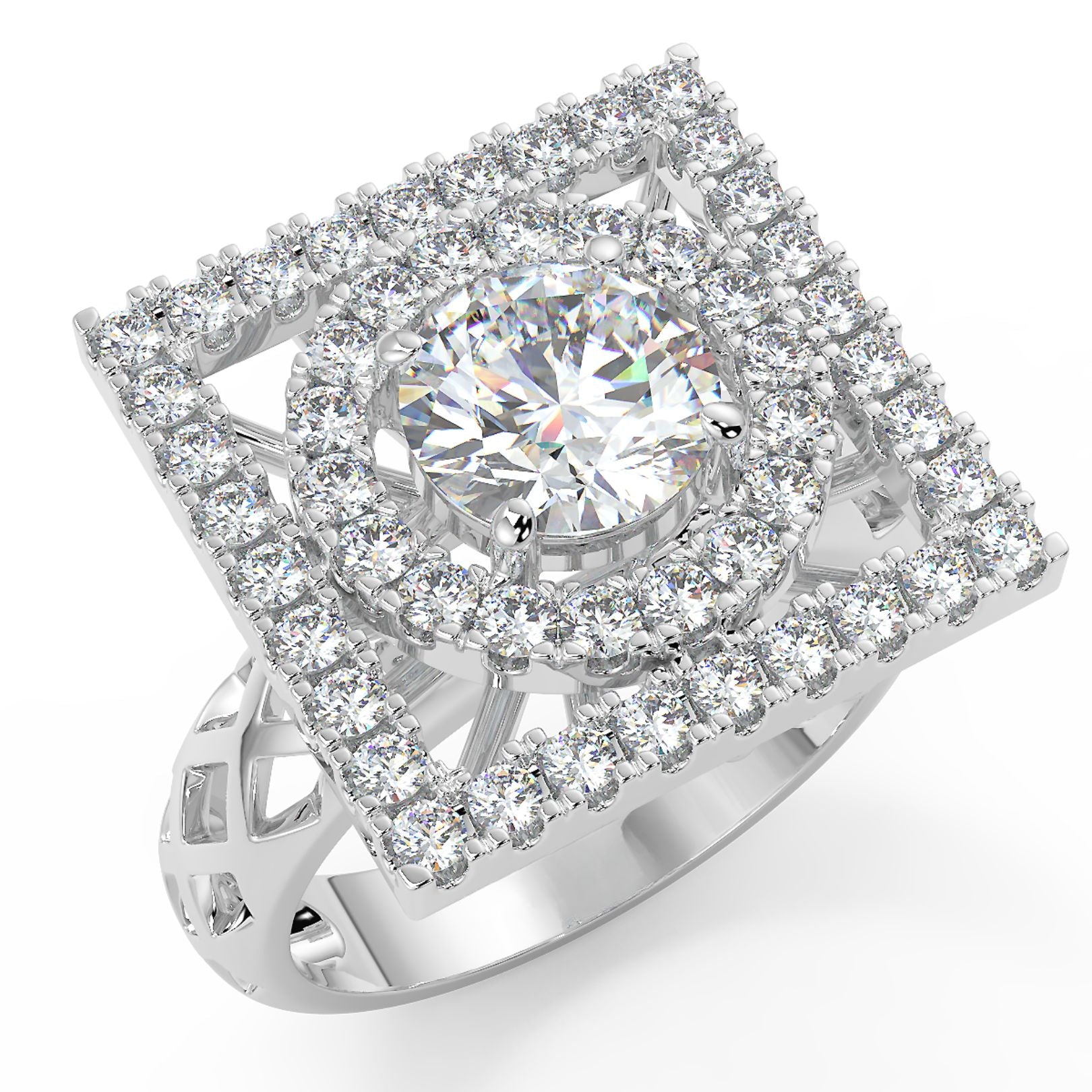 1 Carat Round Lab Grown Diamond Solitaire Square Halo Ring | Designer Statement Piece | IGI Certified | 18K White Gold