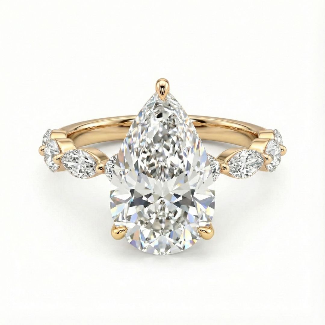 2-5 Carat Pear Lab Grown Diamond Solitaire Ring | Marquise & Round Side Stones | 18K White, Yellow & Rose Gold | IGI Certified