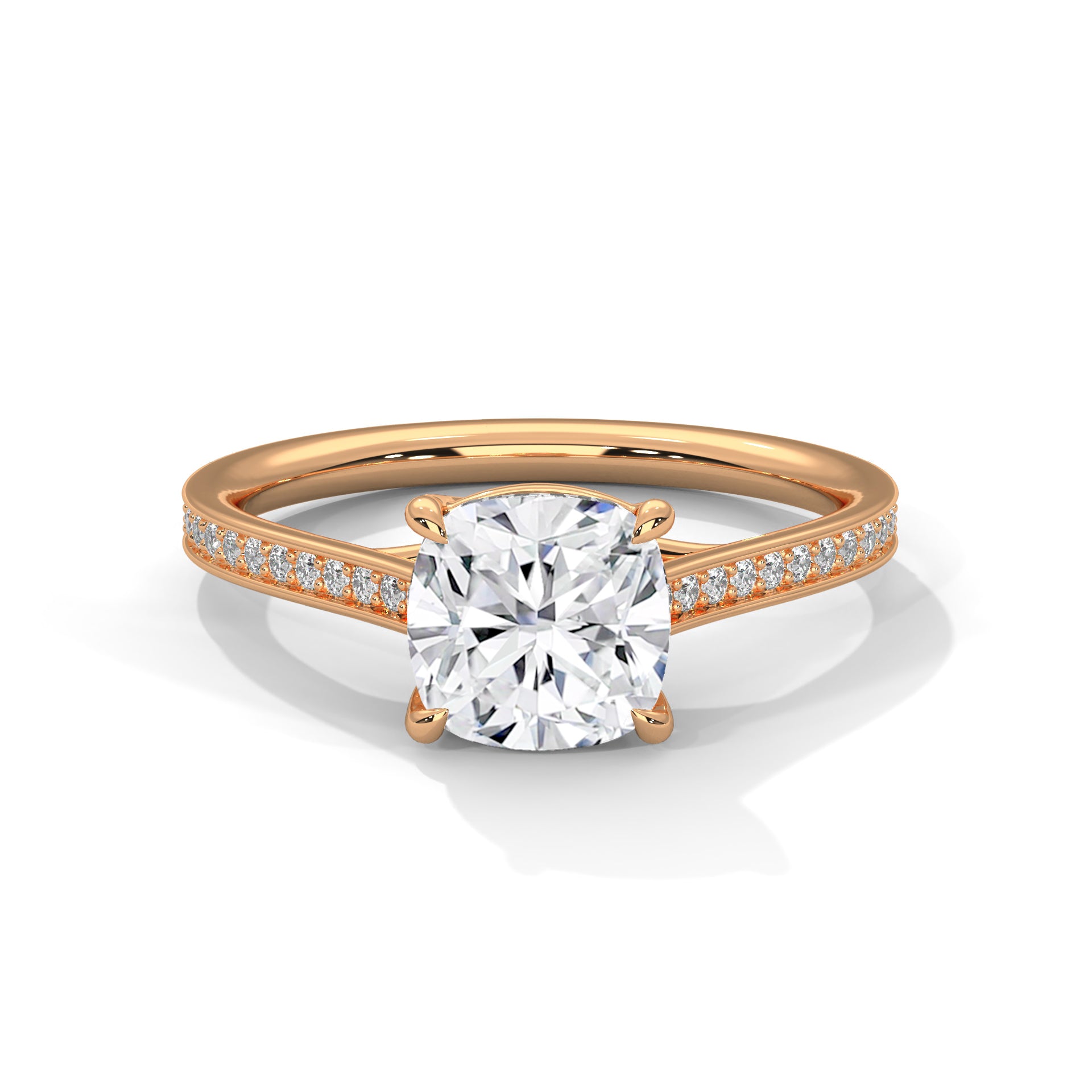 1–3 Carat Cushion Cut Lab Grown Diamond Solitaire Ring with Pavé Diamond Band – Four Prong Setting in 18K Gold