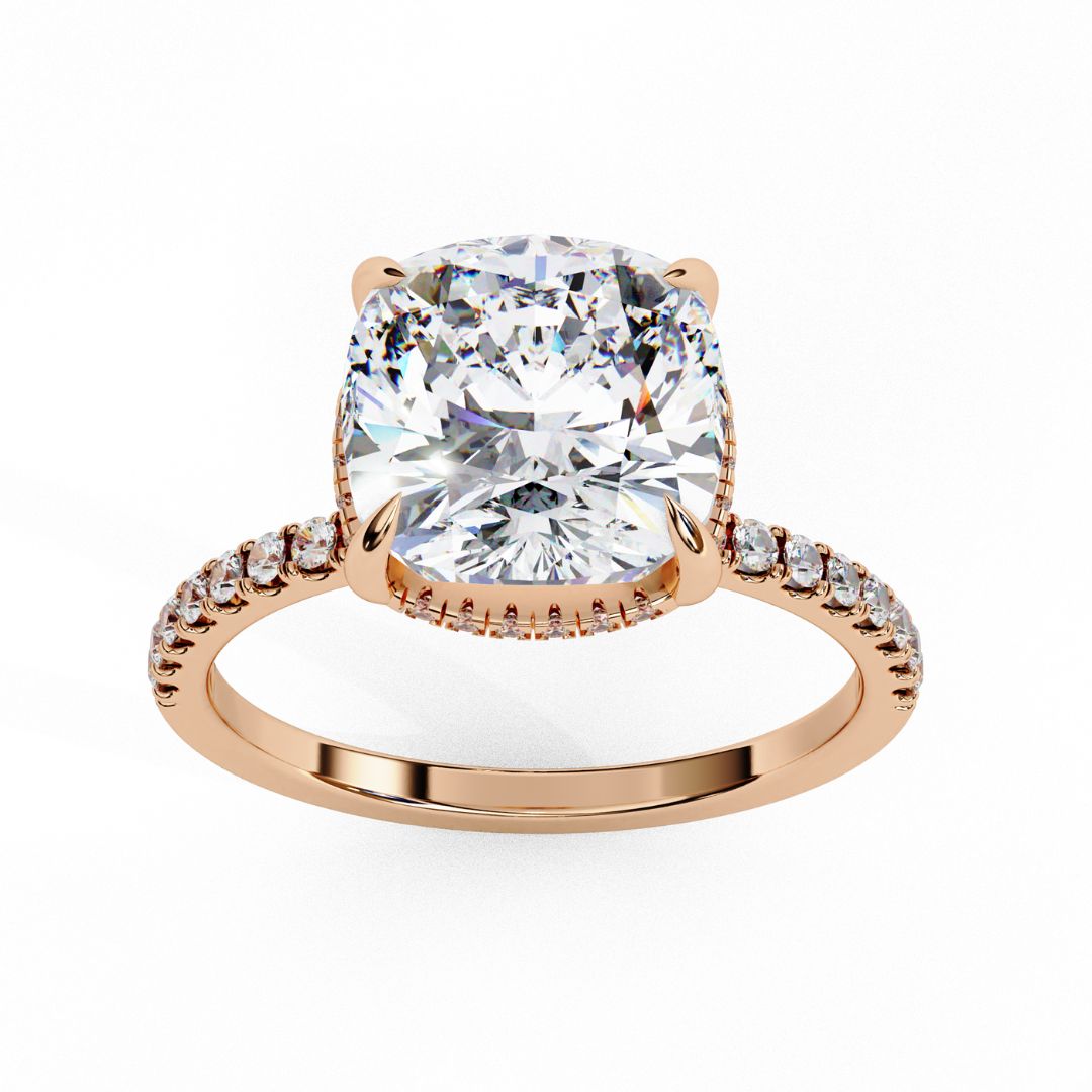 1–5 Carat Cushion Cut Lab Grown Diamond Solitaire Ring with Hidden Halo in 18K Gold