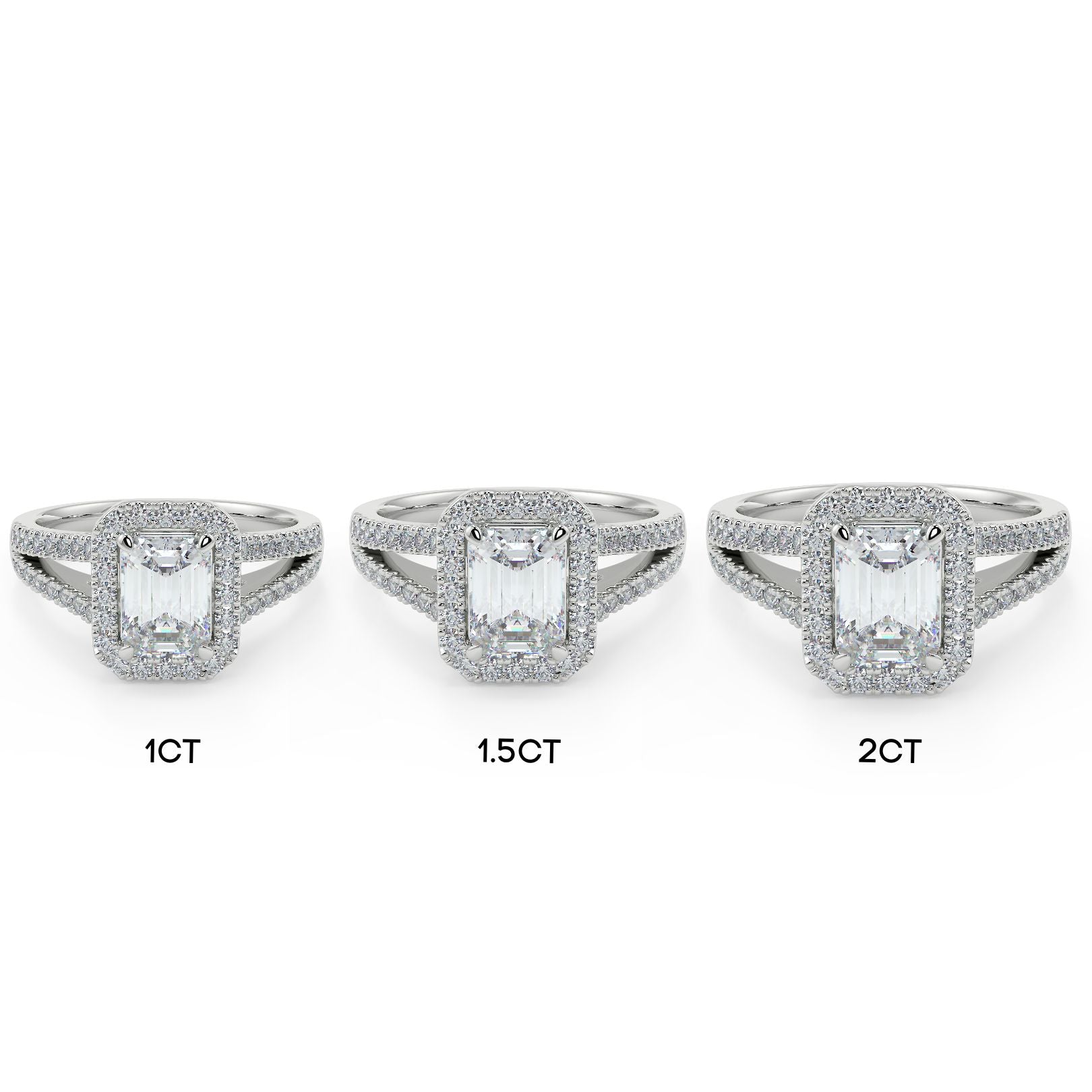 1–2 Carat Emerald Cut Lab Grown Diamond Solitaire Halo Ring | Split Shank Pavé Band | IGI Certified | 18K White Gold