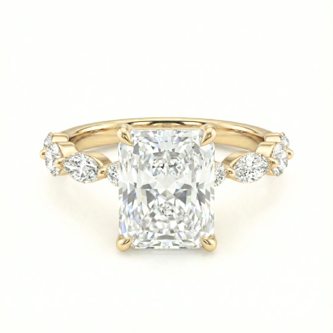 2-5 Carat Radiant Lab Grown Diamond Solitaire Ring | Marquise & Round Side Stones | 18K White, Yellow & Rose Gold | IGI Certified