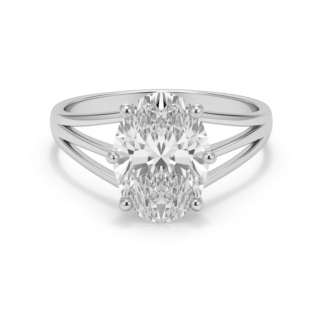 2-carat oval lab-grown diamond ring with a three split band/shank