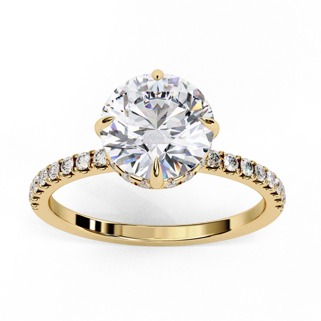 1–5 Carat Round Lab Grown Diamond Solitaire Ring with Hidden Halo in 18K Gold | Pavé Band Solitaire