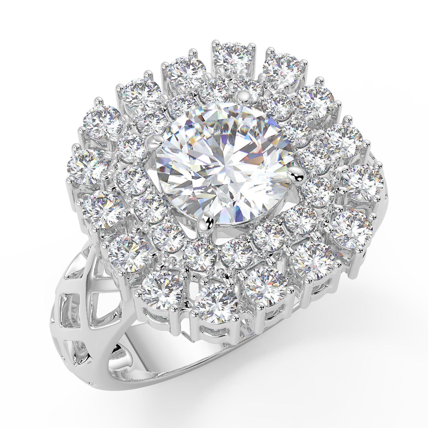 1 Carat Round Lab Grown Diamond Grand Halo Ring | Multi-Layer Pavé | IGI Certified | 18K White, Yellow & Rose Gold