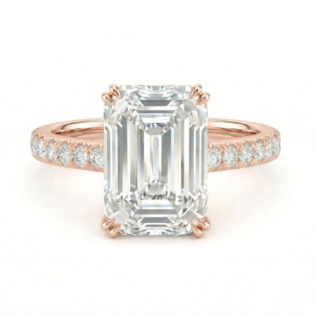 7 Carat Emerald Cut Lab Grown Diamond Solitaire Ring | Hidden Halo & Pavé Band | IGI Certified | 18K White, Yellow & Rose Gold