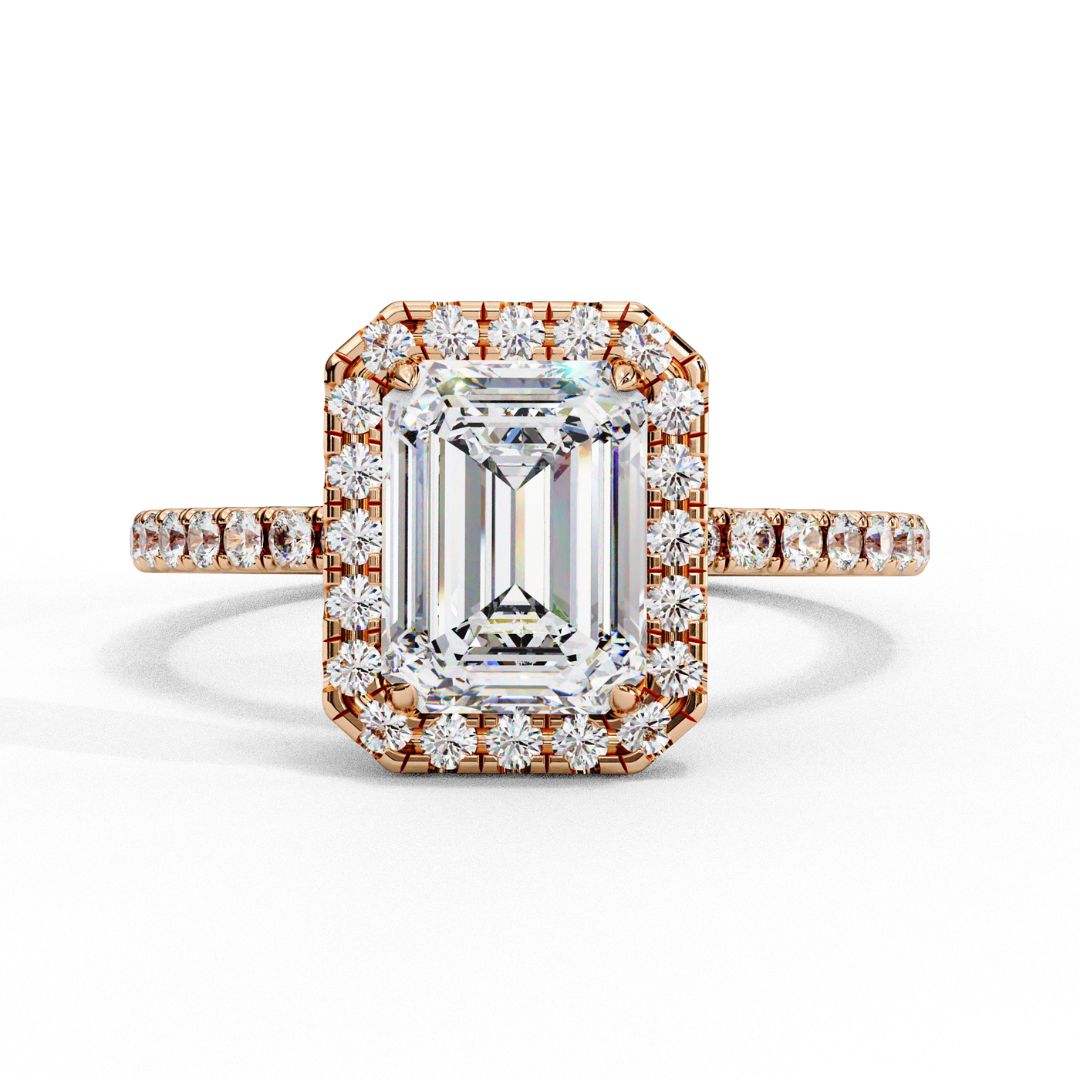 1–5 Carat Emerald Cut Lab Grown Solitaire Diamond Halo Ring in 18K Gold | Pavé Band