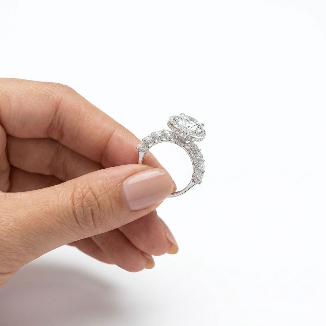 5 Carat Oval Lab Grown Diamond Ring in 18K Gold | Hidden Halo + Halo + Pavé | Solitaire