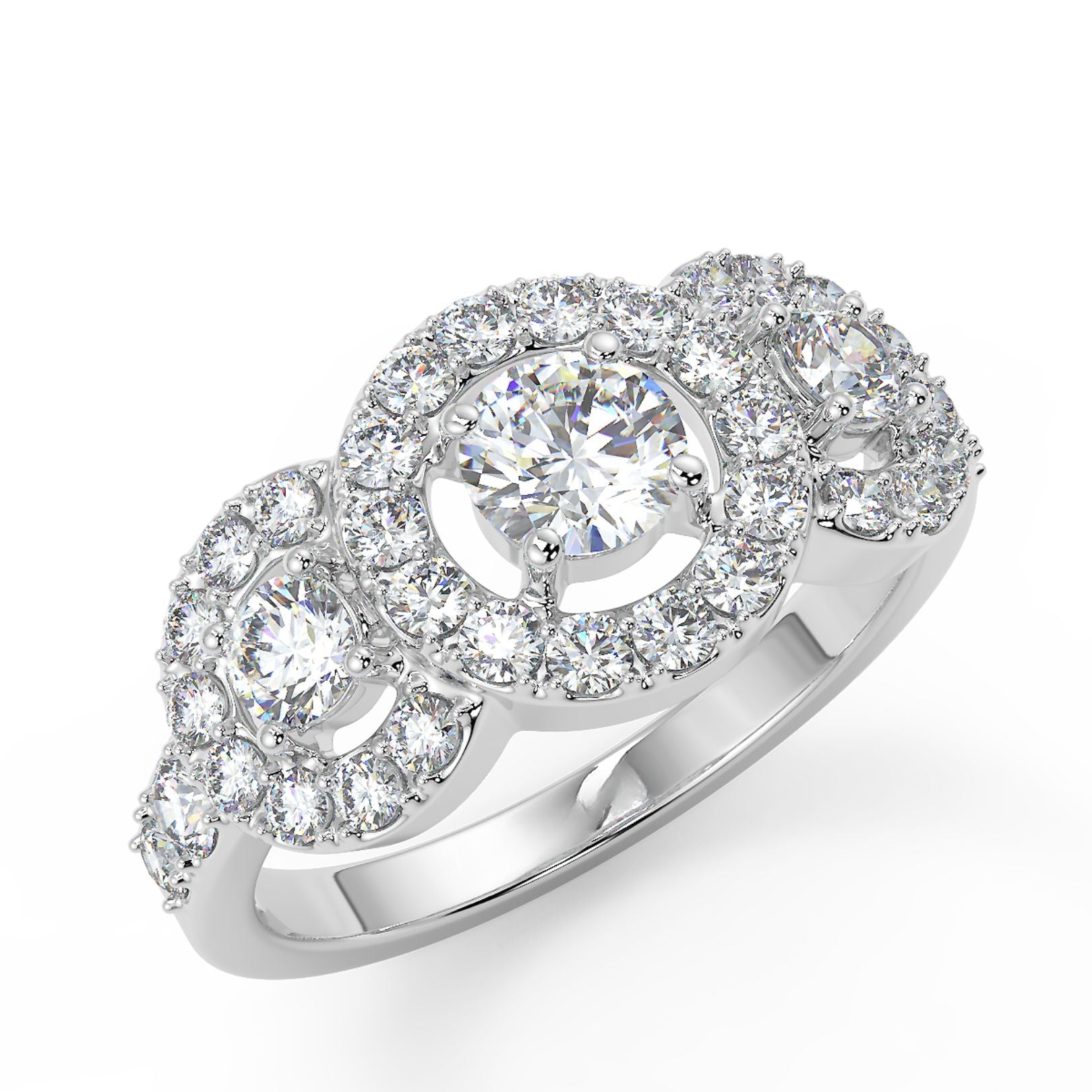 Lab Grown Diamond Multi-Halo Trilogy Trinity Ring | Triple Round Design | IGI Certified | 18K White Gold