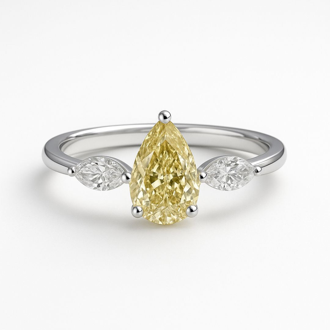 1.50ct Fancy Yellow Lab Grown Diamond Trilogy Ring | Three Stone Pear Solitaire with Marquise Side Diamonds | 18k Gold