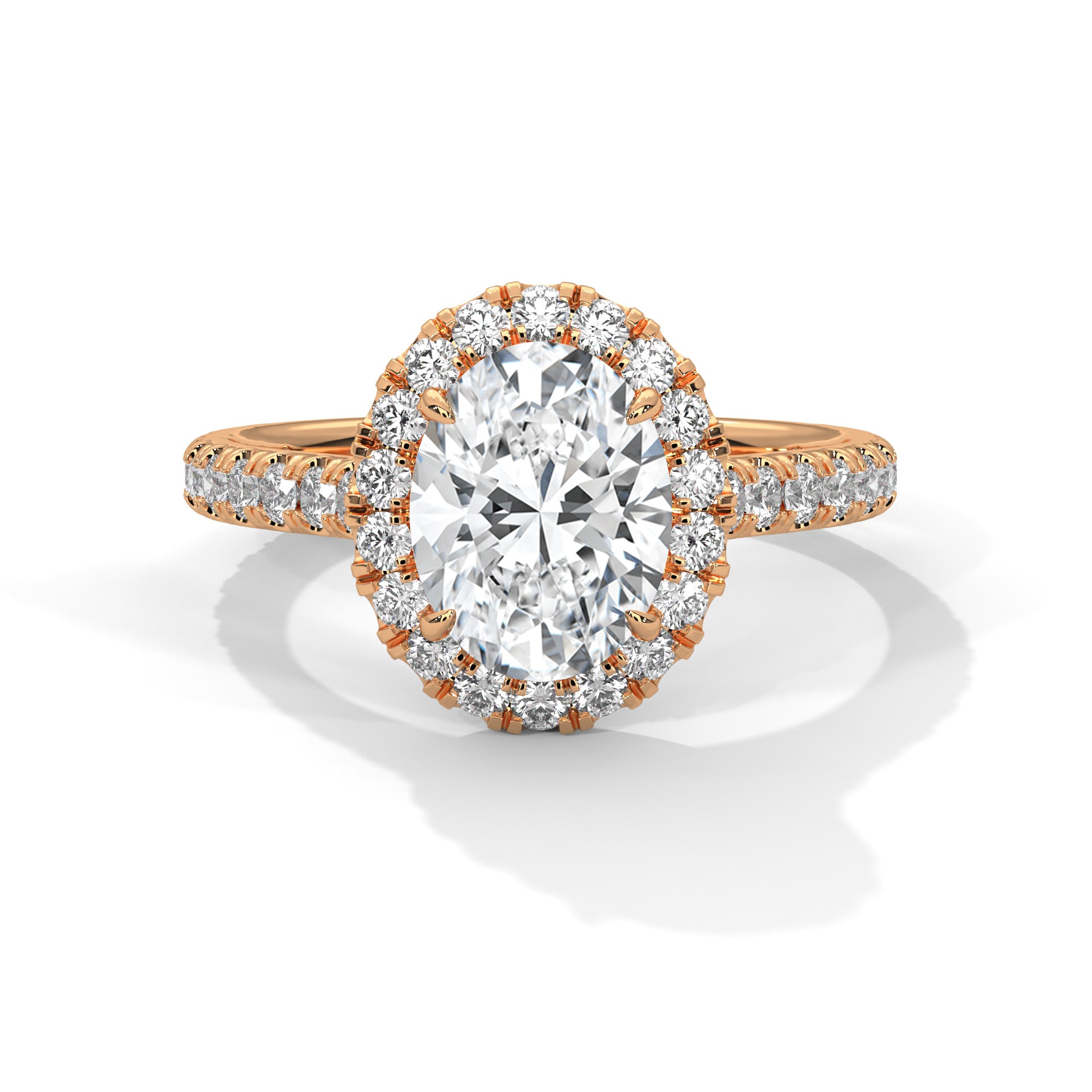 1–3 Carat Oval Lab Grown Diamond Solitaire Halo Engagement Ring – Pavé Band, 18K Gold