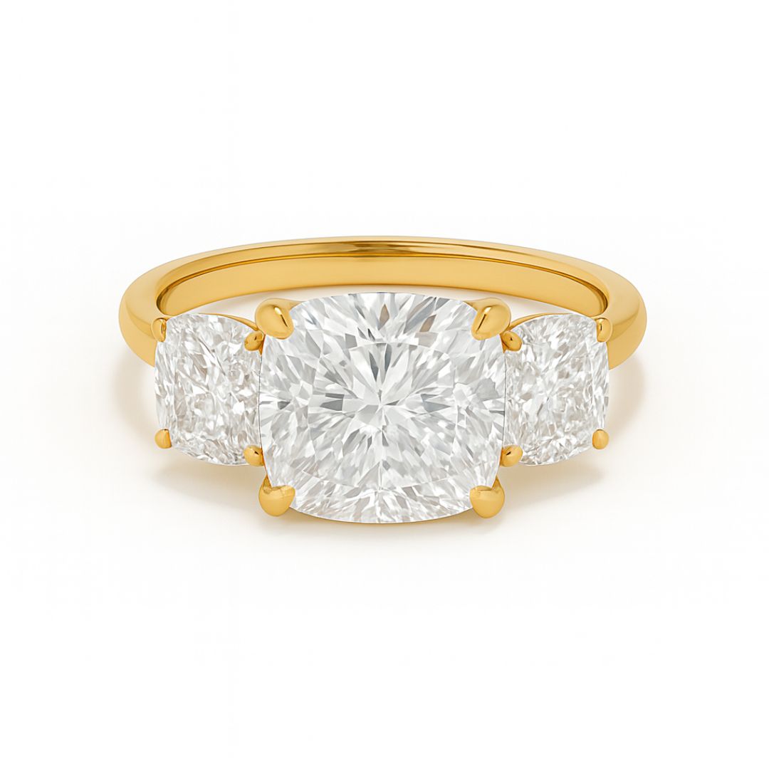3.00ct Cushion Cut Solitaire Lab Grown Diamond Trilogy Ring with 2.00ct Cushion Side Stones – Three Stone Engagement Ring