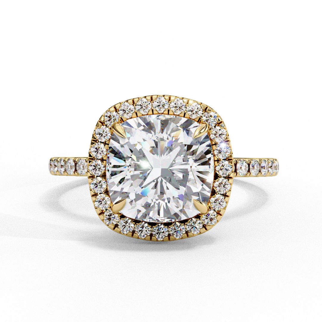 1–2 Carat Cushion Cut Lab Grown Solitaire Diamond Halo Engagement Ring in 18K Gold | Pavé Band