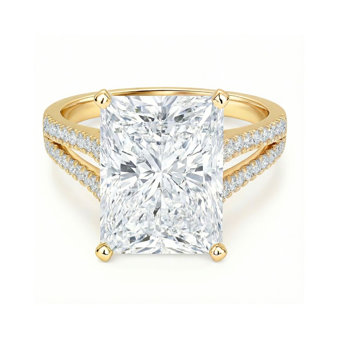 3-5 Carat Radiant Cut Lab-Grown Diamond Solitaire Ring with Split Shank Pavé Setting in 18K Gold