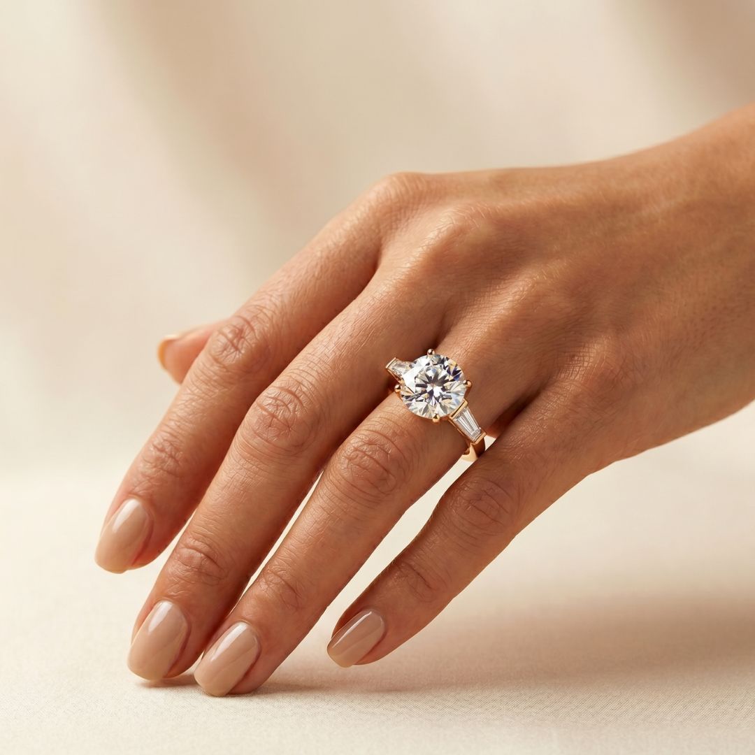 Round Brilliant Cut Diamond Trilogy Engagement Solitaire Ring | 1 to 5 Carat Centre | Tapered Baguette Side Diamonds | 18K White, Yellow, or Rose Gold