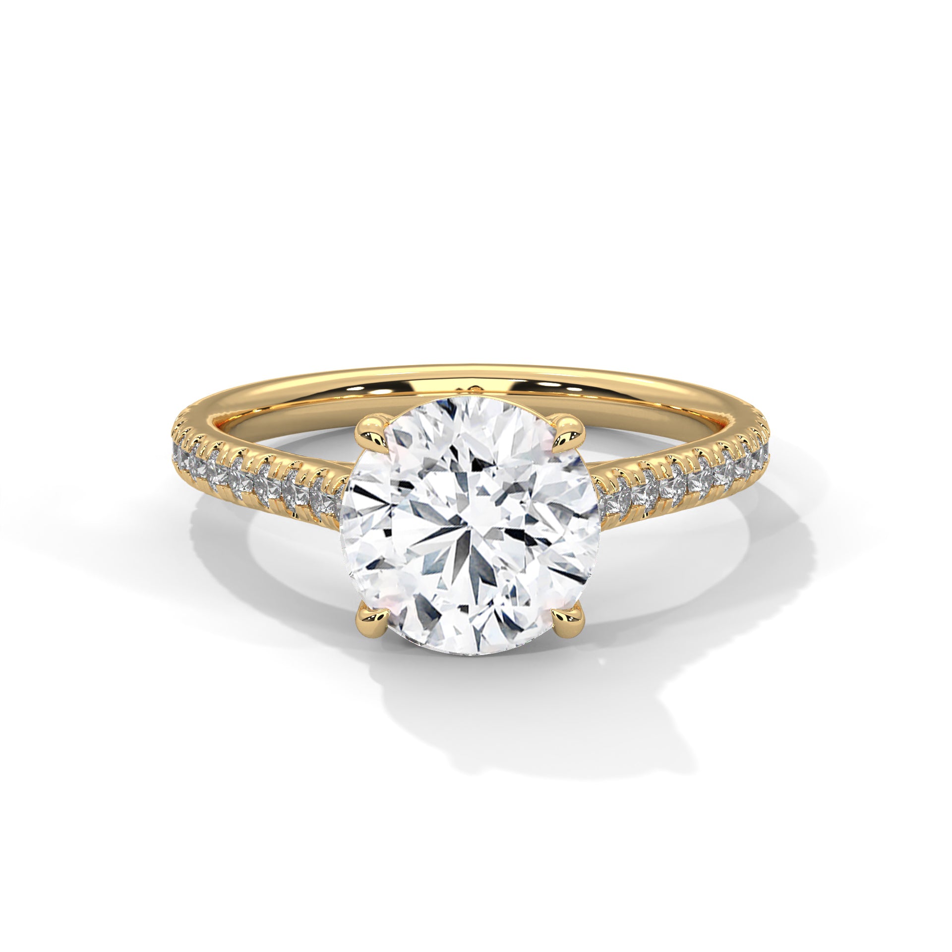 1–3 Carat Round Brilliant Lab Grown Diamond Solitaire Ring with Pavé Band – Four-Prong Setting, 18K Gold