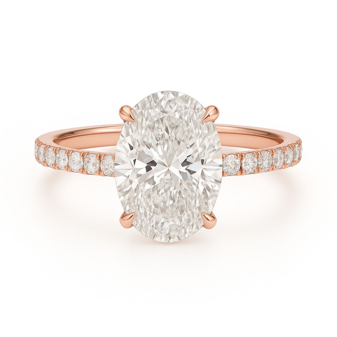 5 Carat Oval Lab Grown Diamond Solitaire Ring | Hidden Halo & Pave Setting | 18K White, Yellow, or Rose Gold