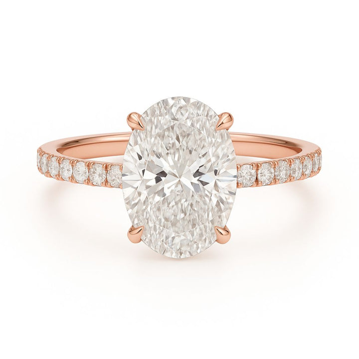 5 Carat Oval Lab Grown Diamond Ring | Hidden Halo & Pave Setting | 18K White, Yellow, or Rose Gold