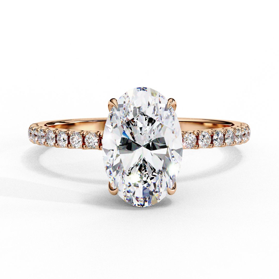 1–5 Carat Oval Lab Grown Solitaire Diamond Ring with Hidden Halo in 18K Gold | Pavé Band