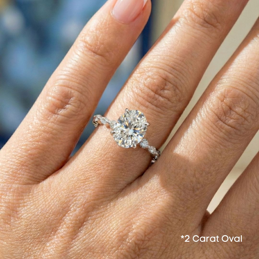 2-5 Carat Oval Lab Grown Diamond Solitaire Ring | Marquise & Round Side Stones | IGI Certified | 18K White, Yellow & Rose Gold